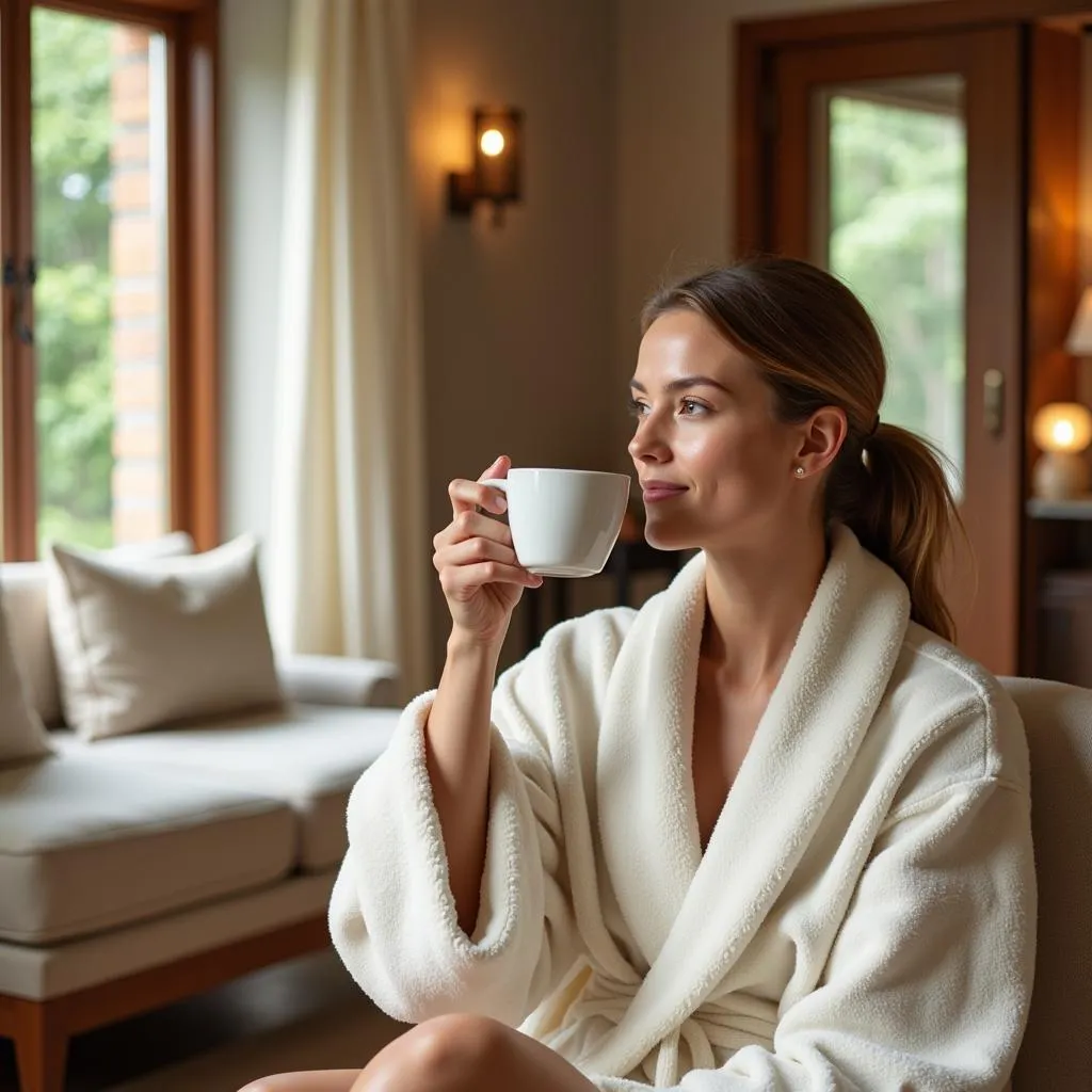 Woman Enjoying Herbal Tea in Spa Lounge