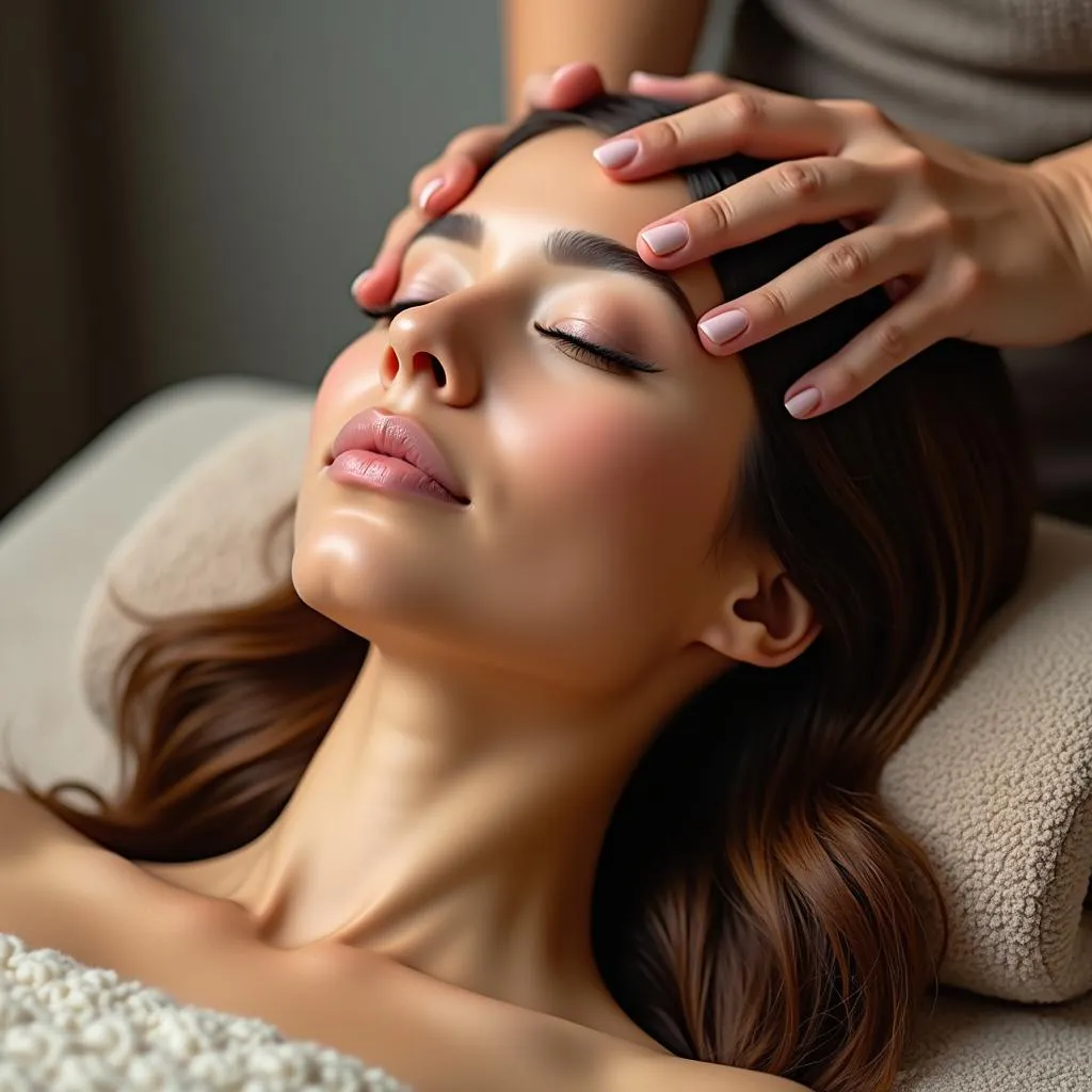 Woman getting head massage at spa