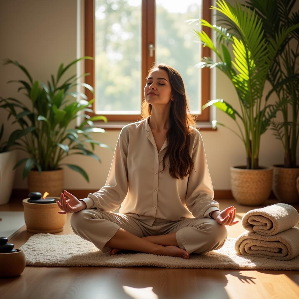 Woman Meditating in a Serene Spa Environment