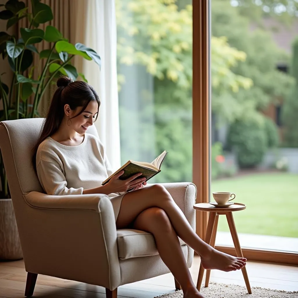 Woman relaxing in a spa lounge area, reading a book