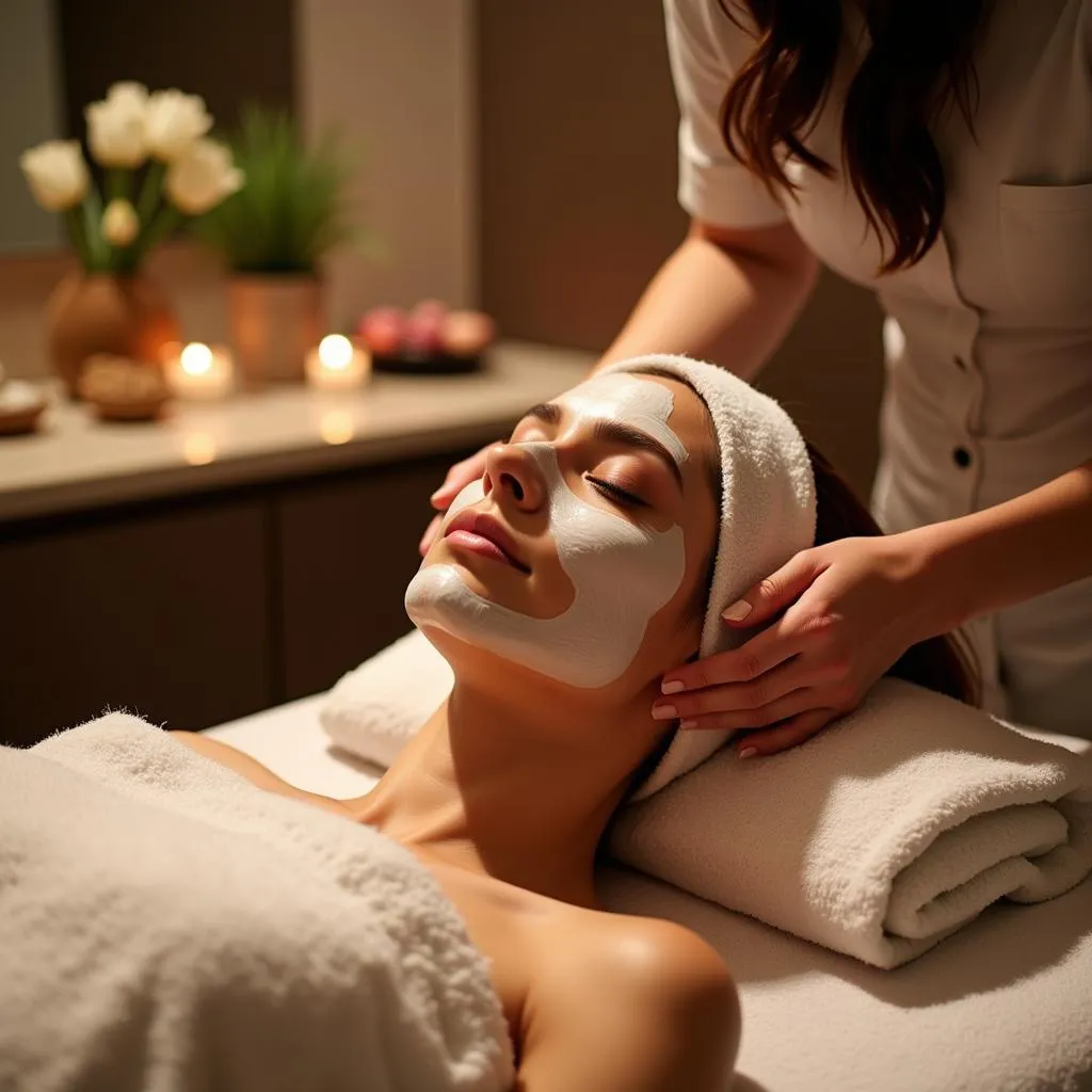 A woman enjoying a relaxing facial treatment at a spa centre in Panipat.