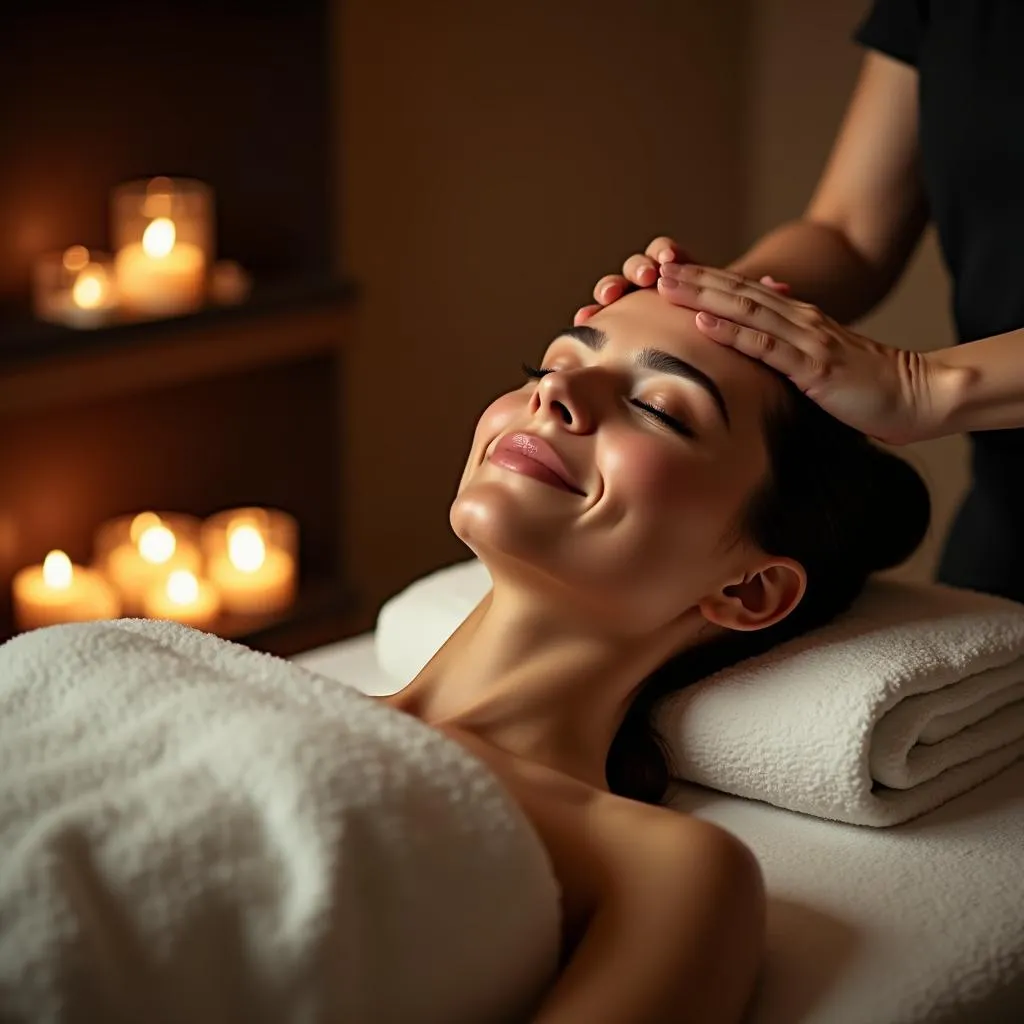 A woman with closed eyes enjoying a relaxing facial treatment at a spa in Noida, surrounded by soft lighting and a serene atmosphere.