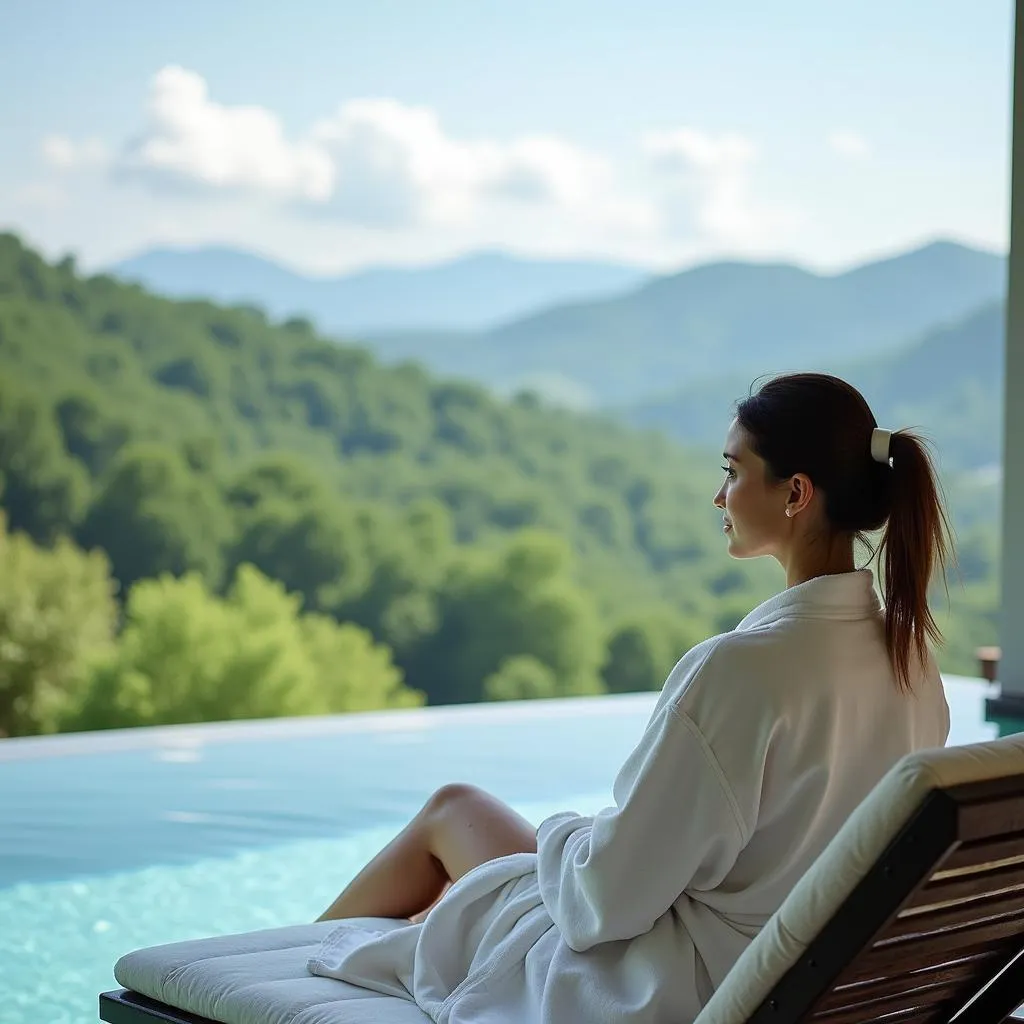 Woman Relaxing by Spa Pool with Countryside View