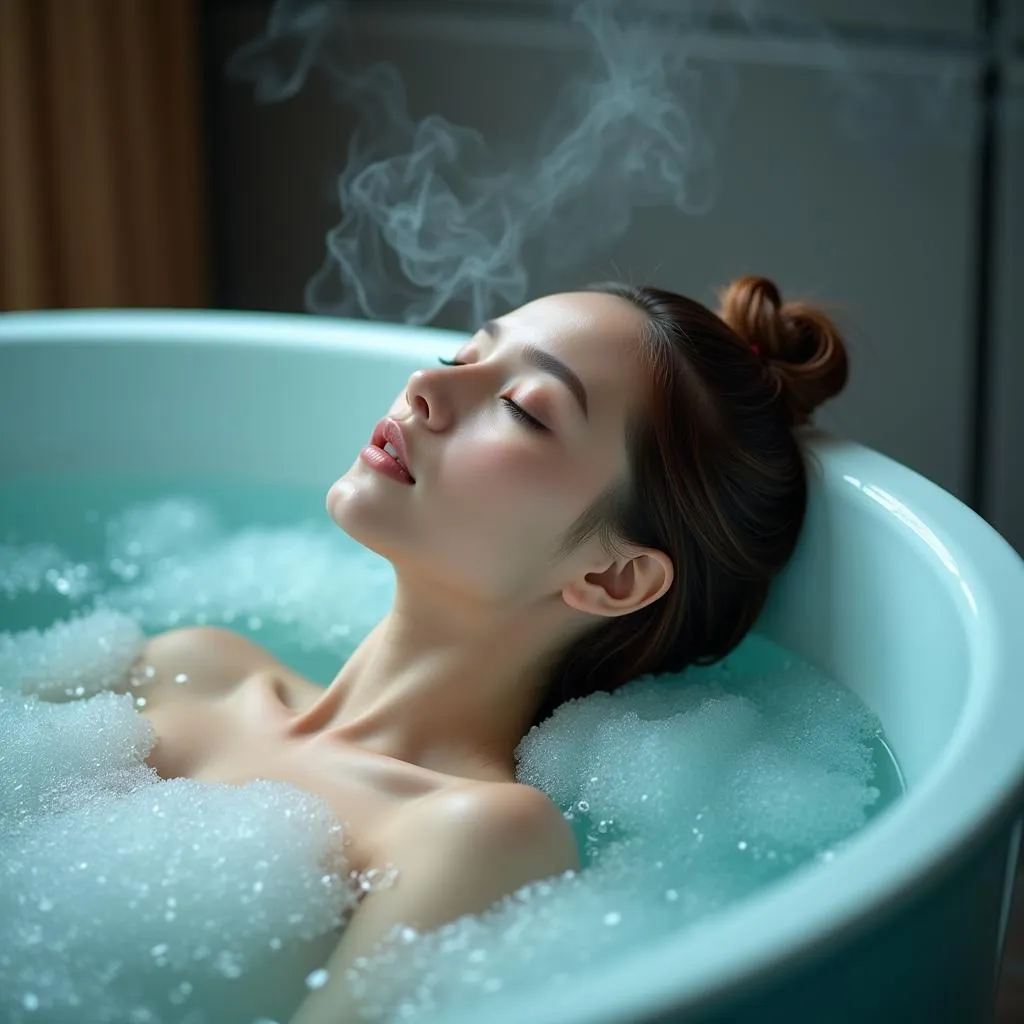 Woman relaxing in aqua spa bathtub