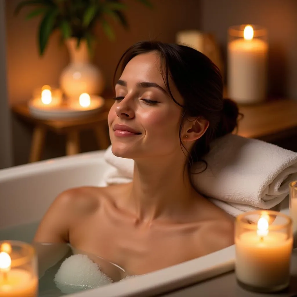 Woman Relaxing in Bath with Candles