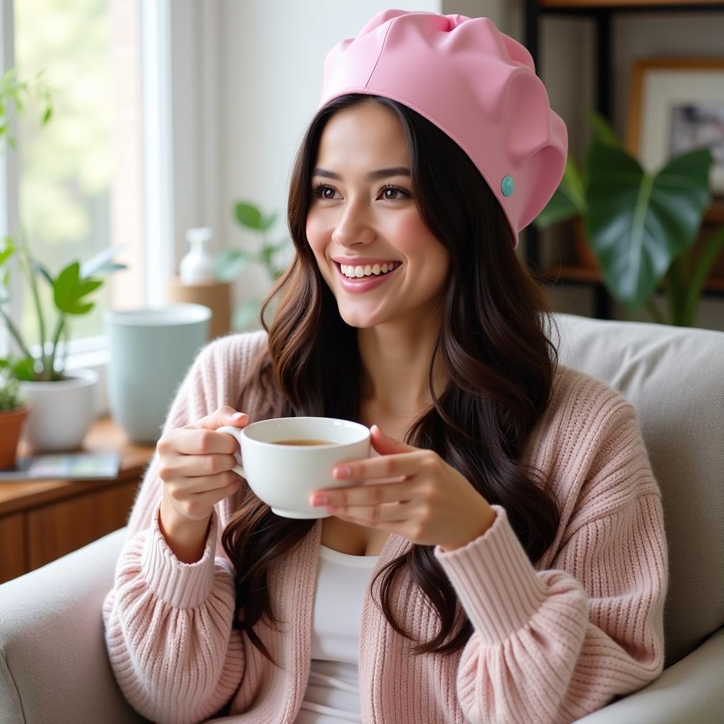 Woman Using a Hair Spa Cap at Home