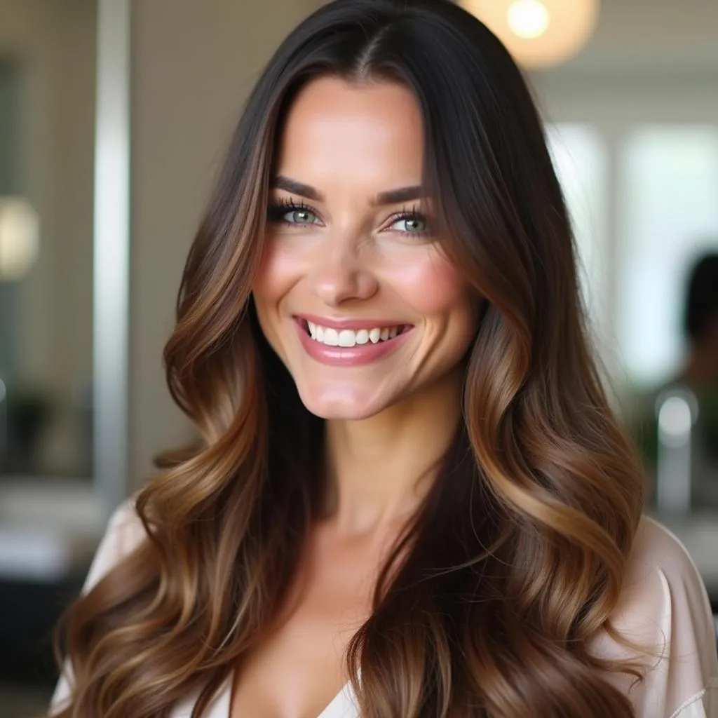 Woman with Smooth, Shiny Hair After Keratin Treatment