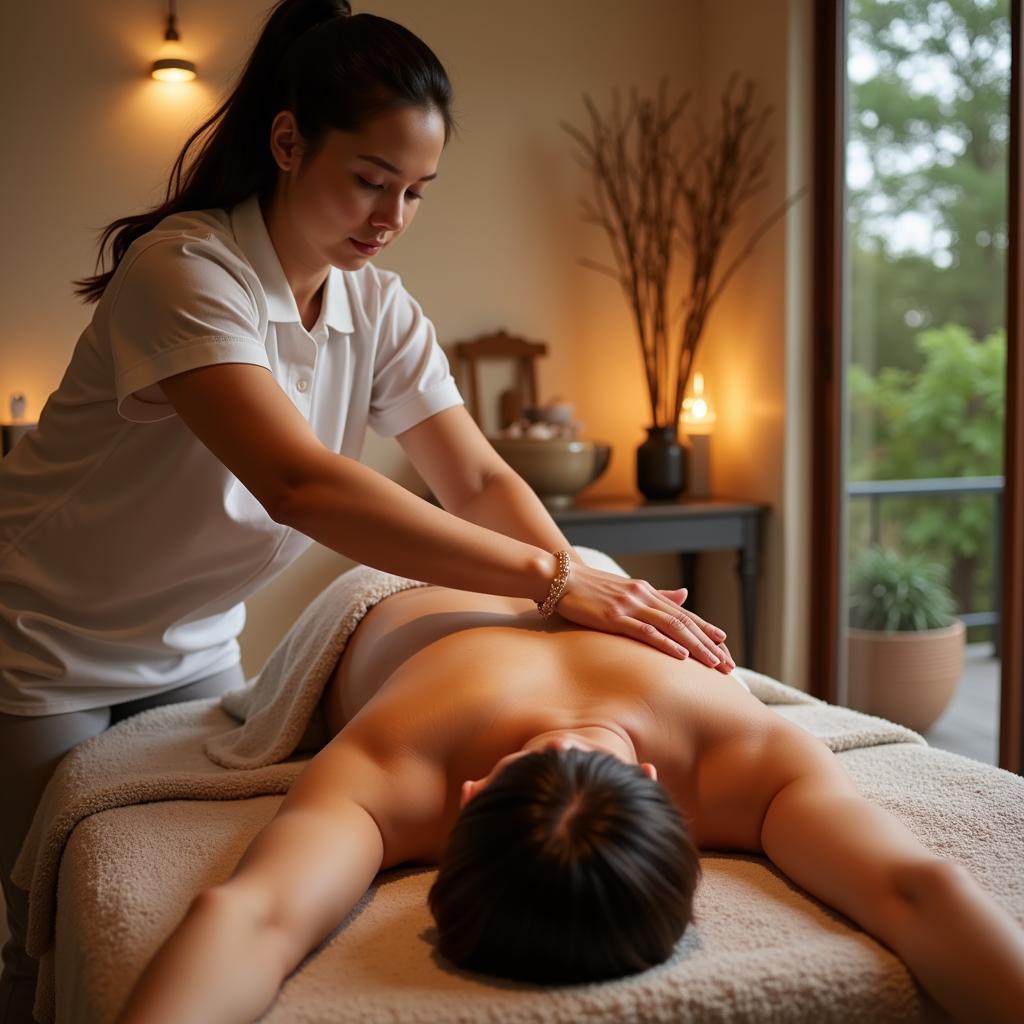 108 Spa Massage Therapy: A therapist performing a massage on a client in a spa setting.