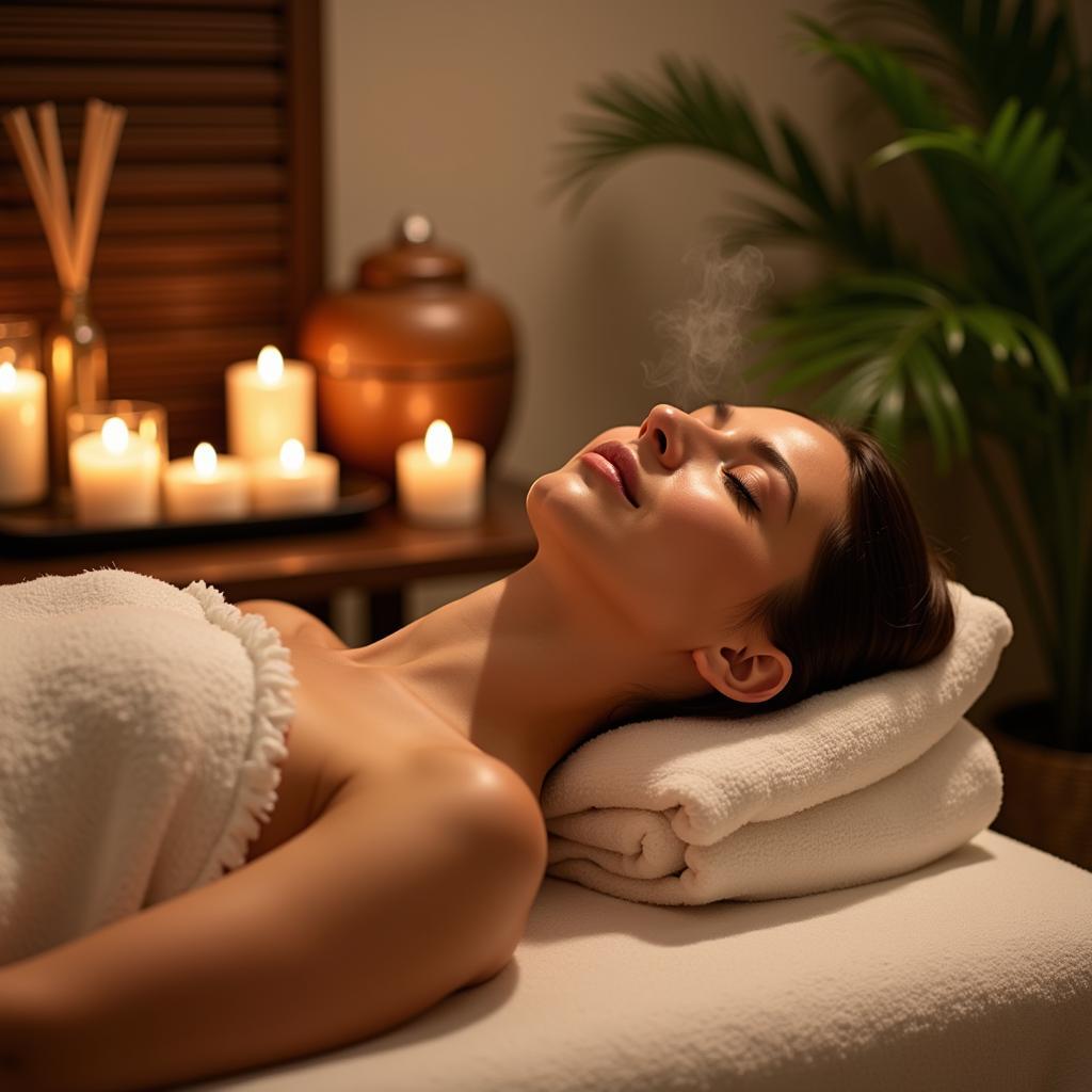 108 Spa Treatment with Aromatherapy: A woman relaxing during an aromatherapy session at a spa.