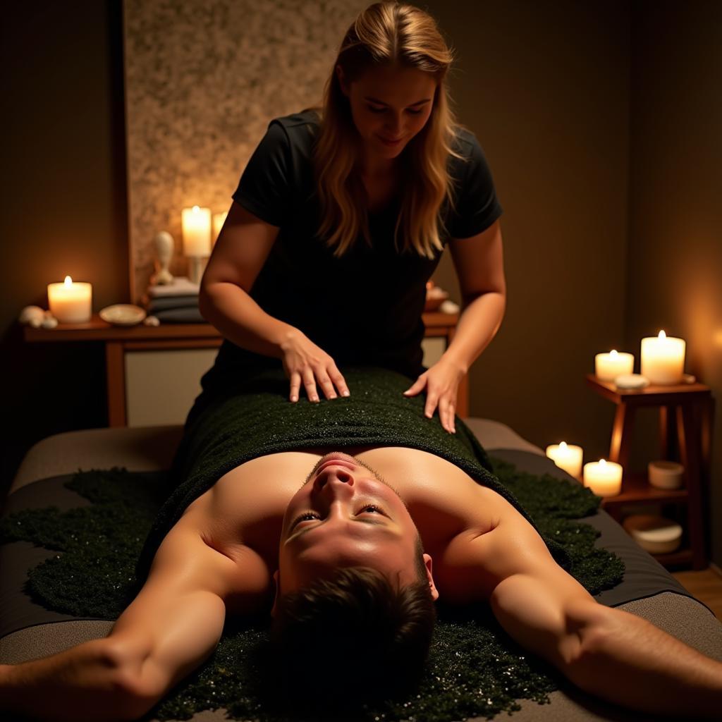 Man receiving a seaweed wrap treatment at a 7 sea men spa.