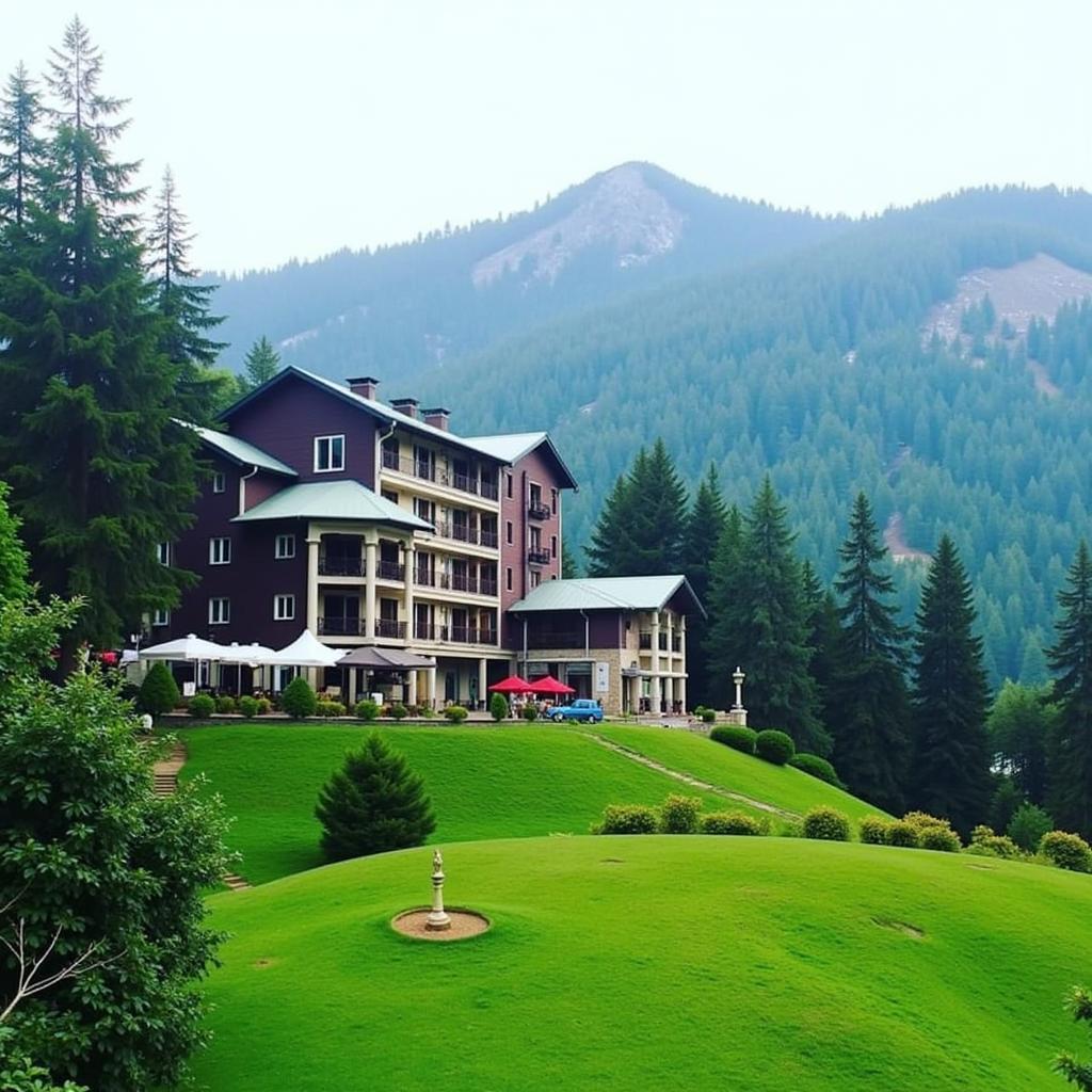 Aadrika Spa Resort exterior view amidst the Himalayas, showcasing its serene location and beautiful architecture.