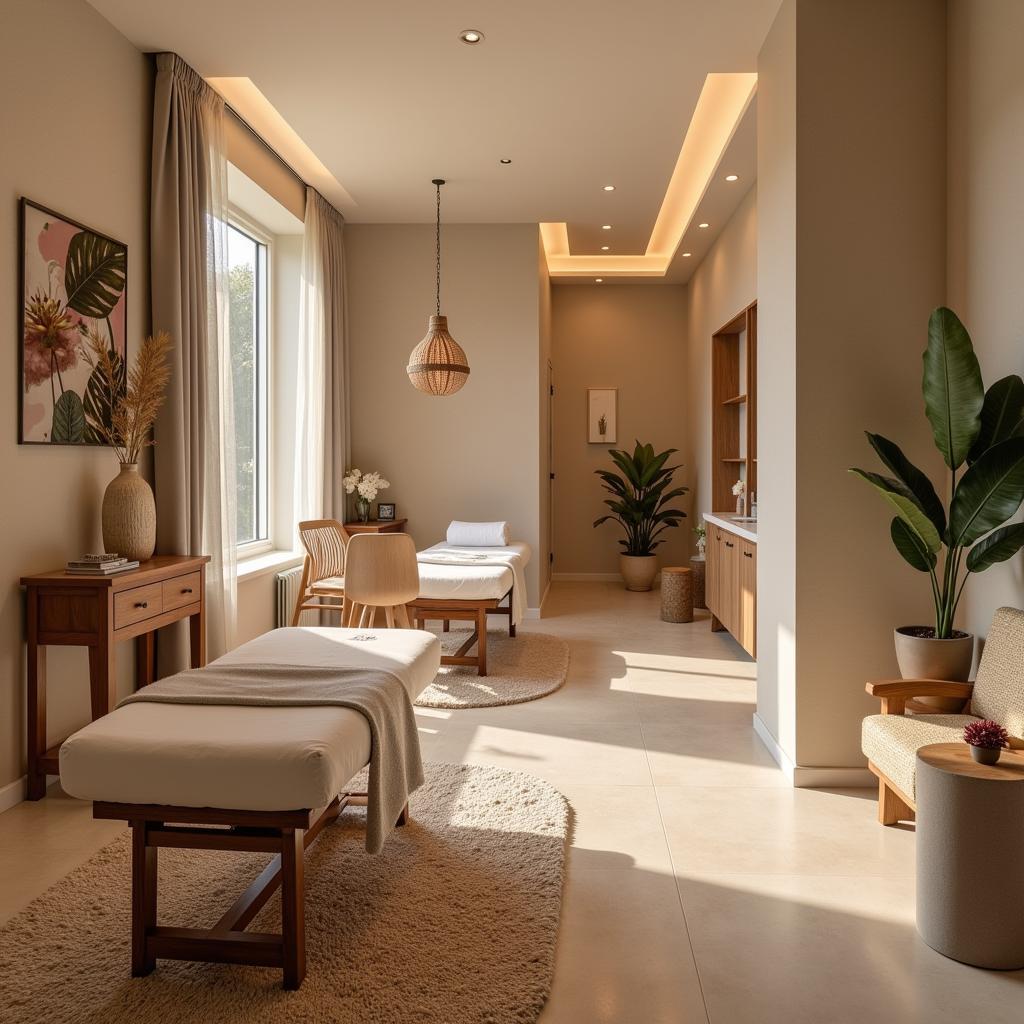 Luxurious interior of an absolute spa and salon with calming decor and ambient lighting.