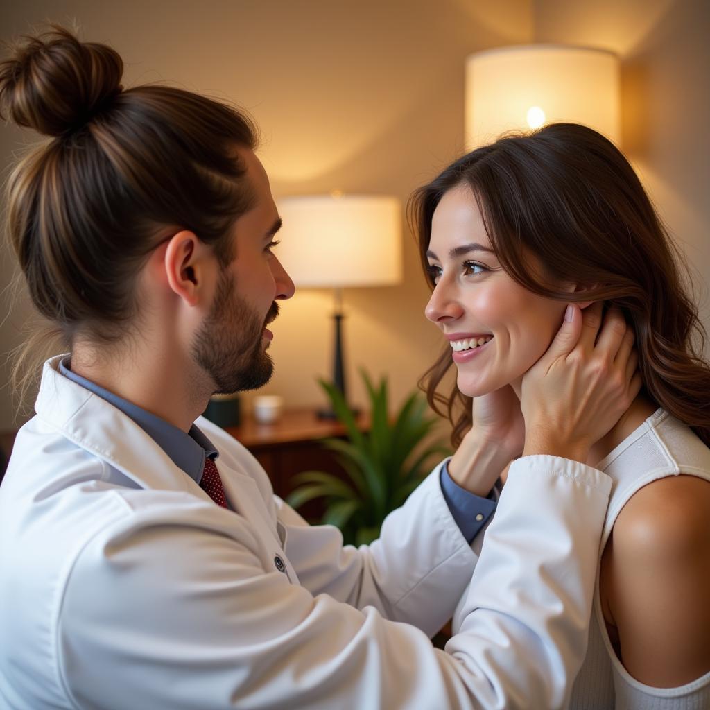 A dermatologist consulting with a patient about their acne concerns at a spa in Orlando