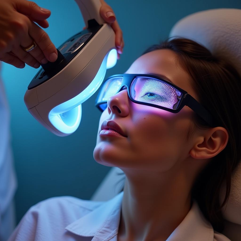 Woman receiving LED light therapy after a cosmetic procedure