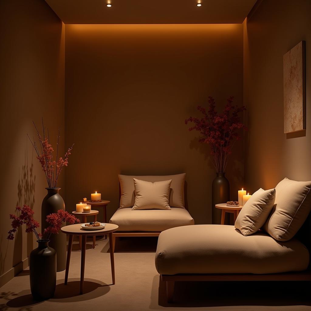 Tranquil relaxation room at an agio spa with soft lighting, comfortable seating, and calming decor.