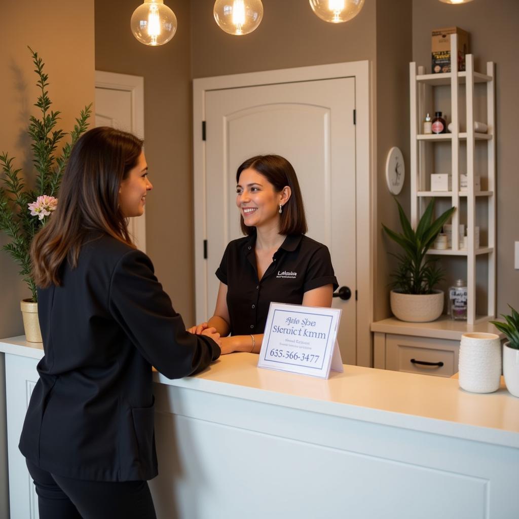 Aheli Spa Reception Desk with Contact Information Displayed