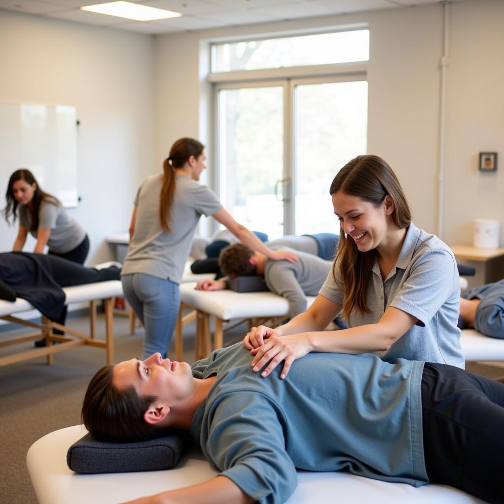 Students practicing massage techniques at Aisa Ayurvedashish International Spa Academy