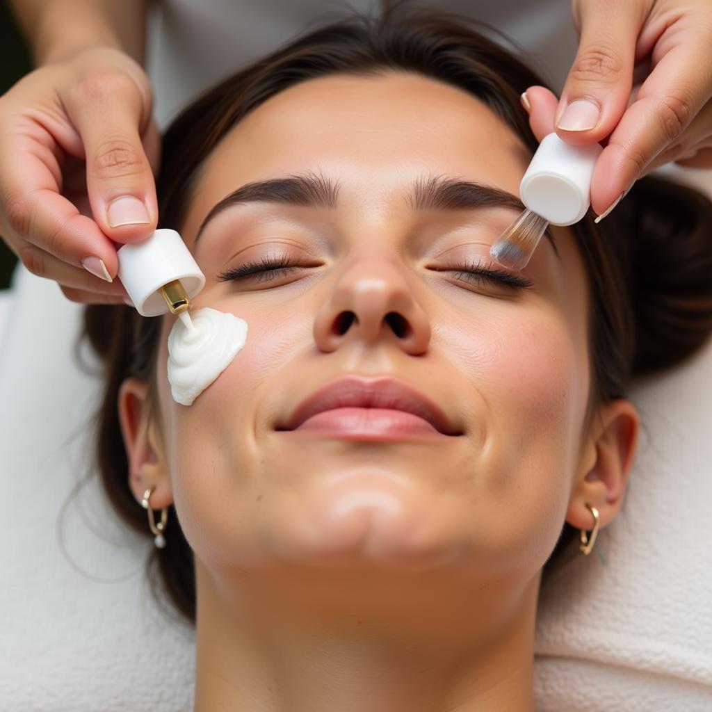 Aline's Spa Goa Facial: Close-up of a woman receiving a facial treatment at Aline's Beauty Care & Spa in Goa.