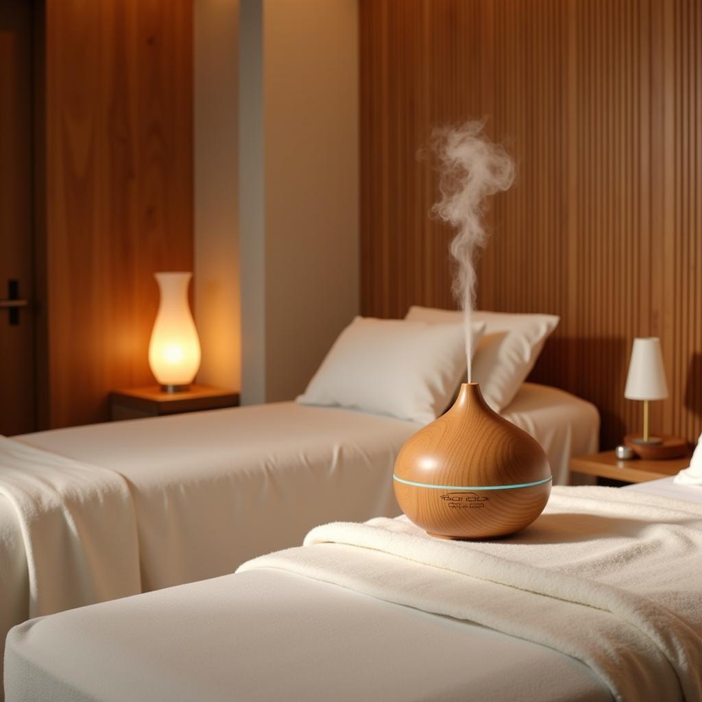 Serene amodawellness spa treatment room with natural elements and soft lighting