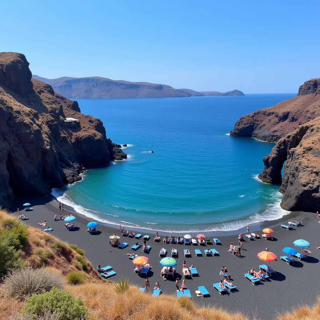 Enjoying the black sand beach near Antinea Suites Hotel & Spa in Kamari