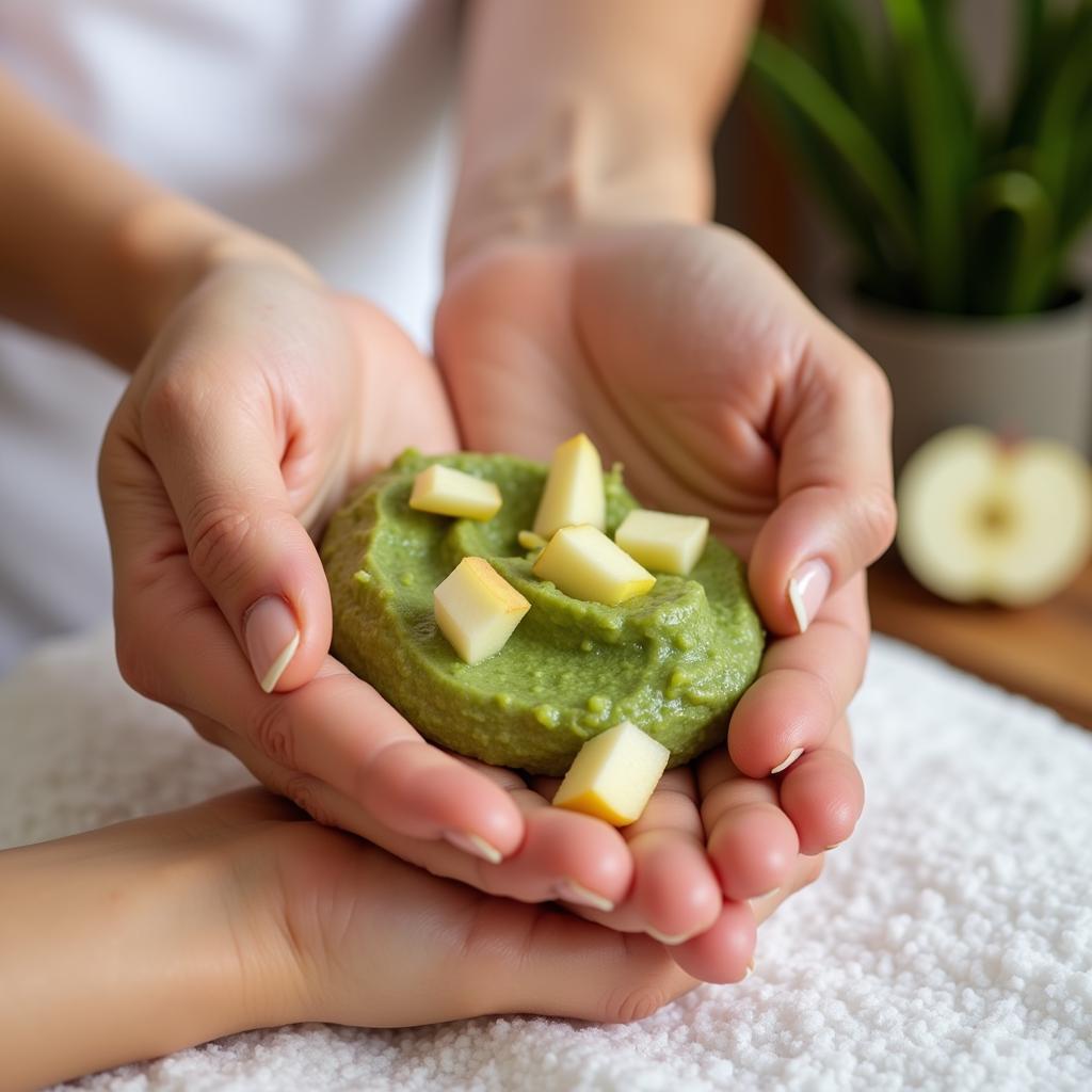 A close-up of hands receiving an apple-infused spa treatment in Vadodara