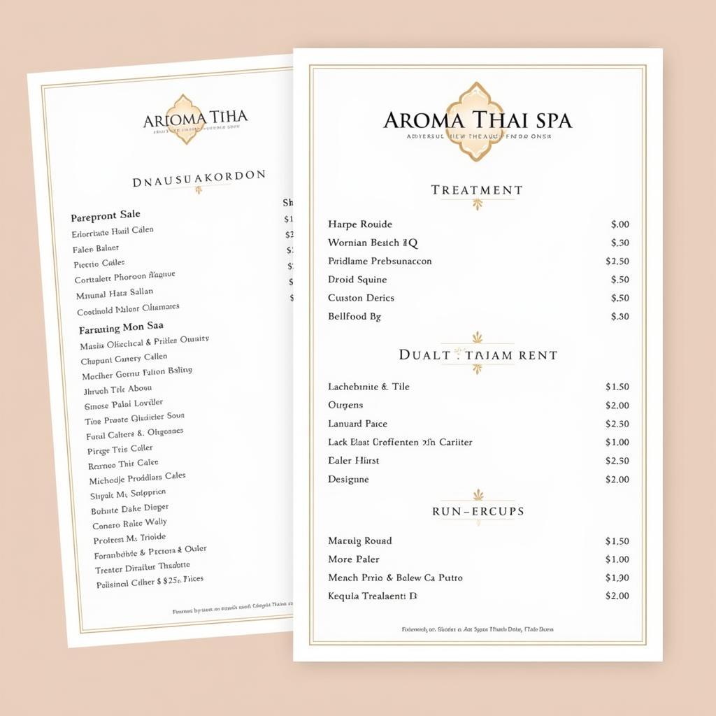 Example of an Aroma Thai Spa Price List