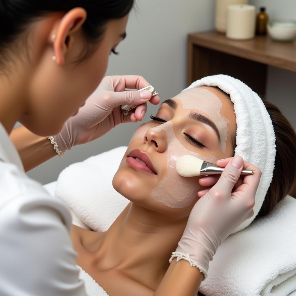 A woman receiving a facial treatment at Aru Spa, with a focus on the therapist's technique and the products used.