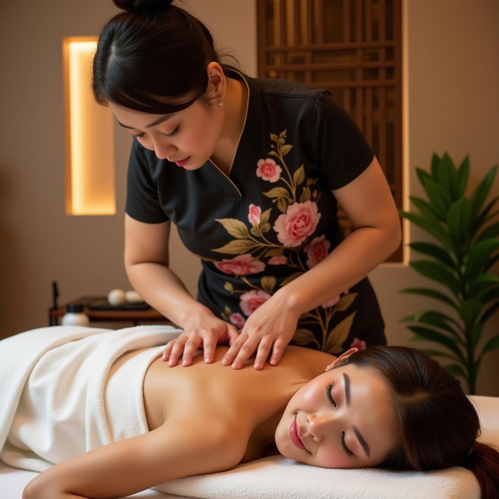 Skilled Asian Spa Therapist Performing a Relaxing Massage