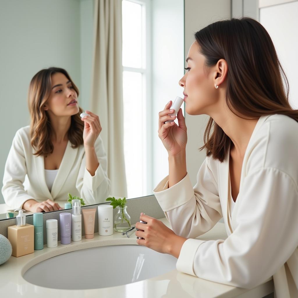 A woman applying anti-aging serum as part of her at-home skincare routine