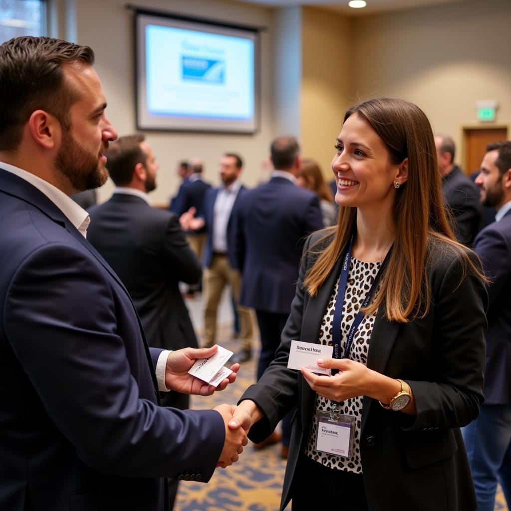 Attendees networking and exchanging business cards at the Atlantic City Pool and Spa Show.