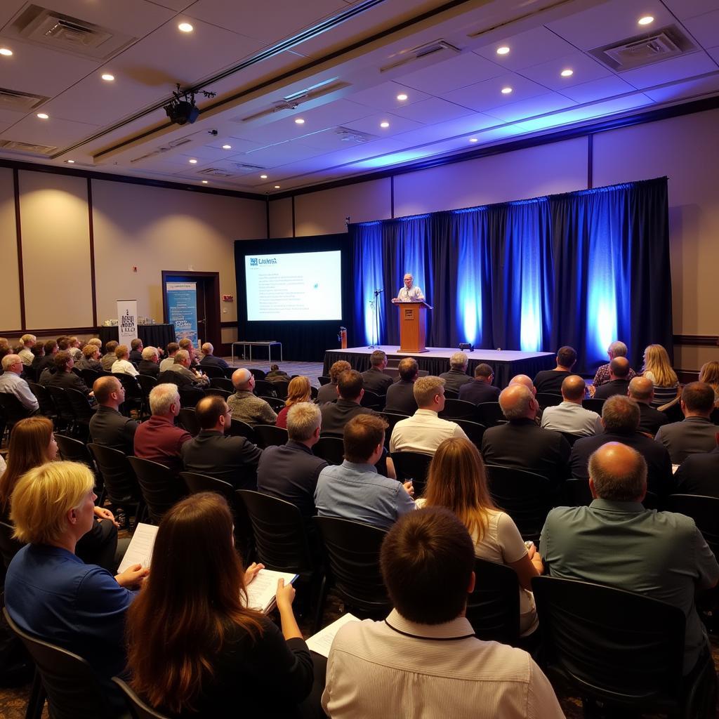 Attendees listening attentively to a speaker at a seminar during the Atlantic City Pool and Spa Show.