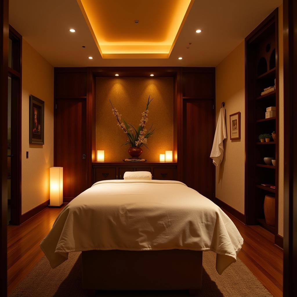 A beautifully decorated treatment room at Aura Thai Body Spa in Dehradun, ready for a relaxing spa experience.