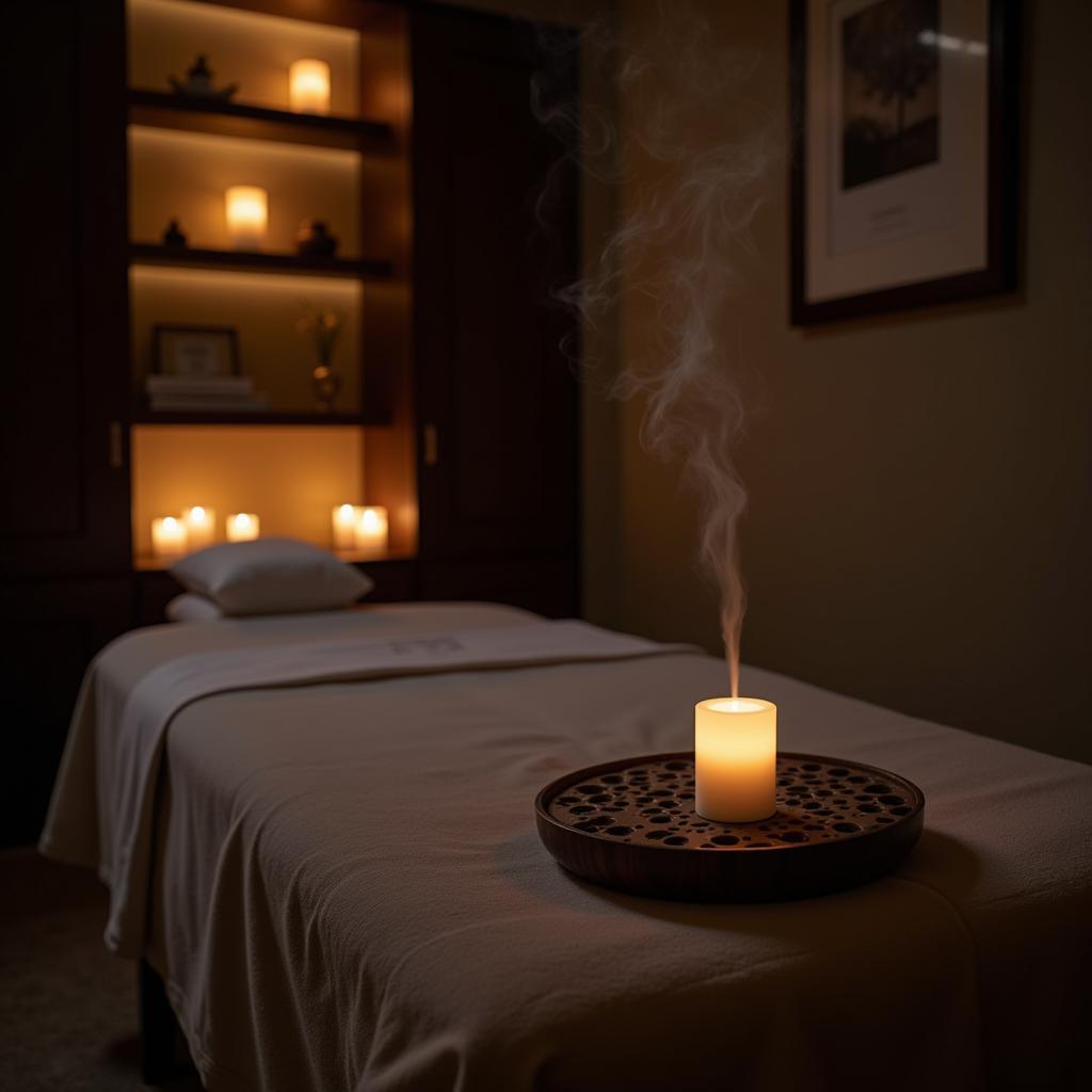 Luxurious treatment room at Aura Thai Spa, complete with soft lighting, comfortable massage table, and calming decor.