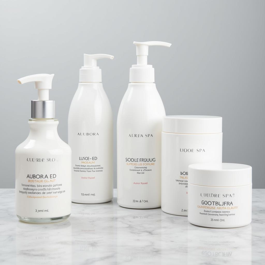 The complete Aurora Spa product line featuring cleansers, toners, serums, moisturizers, and masks.