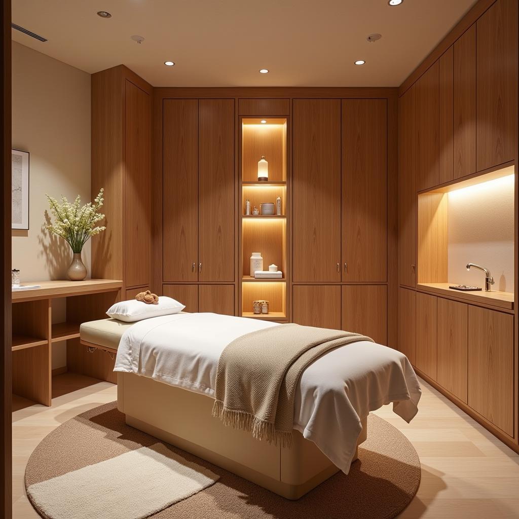 Serene Aveda spa treatment room in Hazra with natural elements and soft lighting