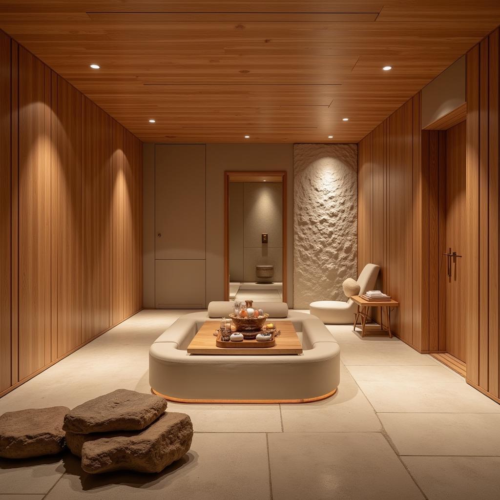 Serene interior of a Korean spa in Aylmer with soft lighting and natural elements.