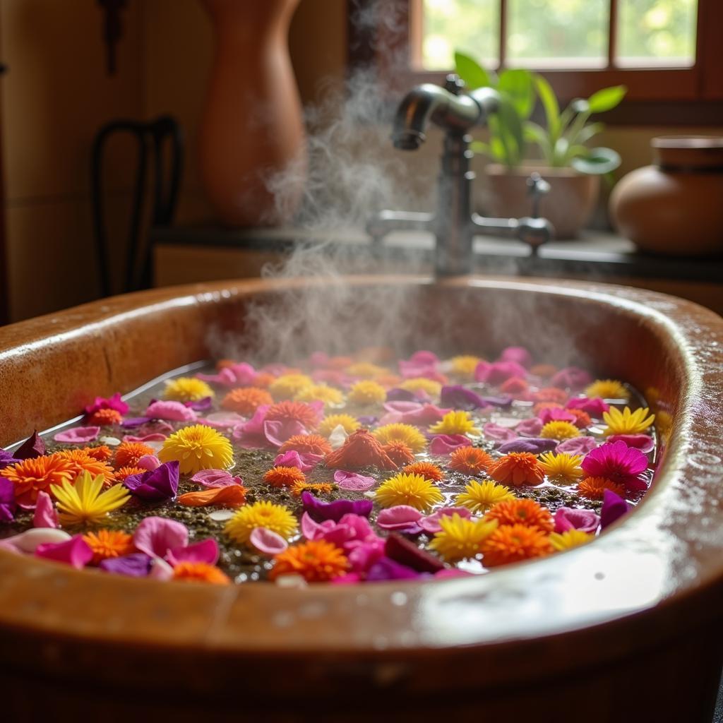 Relaxing in an Aztec-inspired herbal bath