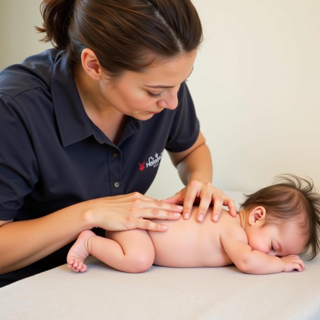 Certified therapist gently massaging a baby at a spa in Tcpalayam, Bangalore