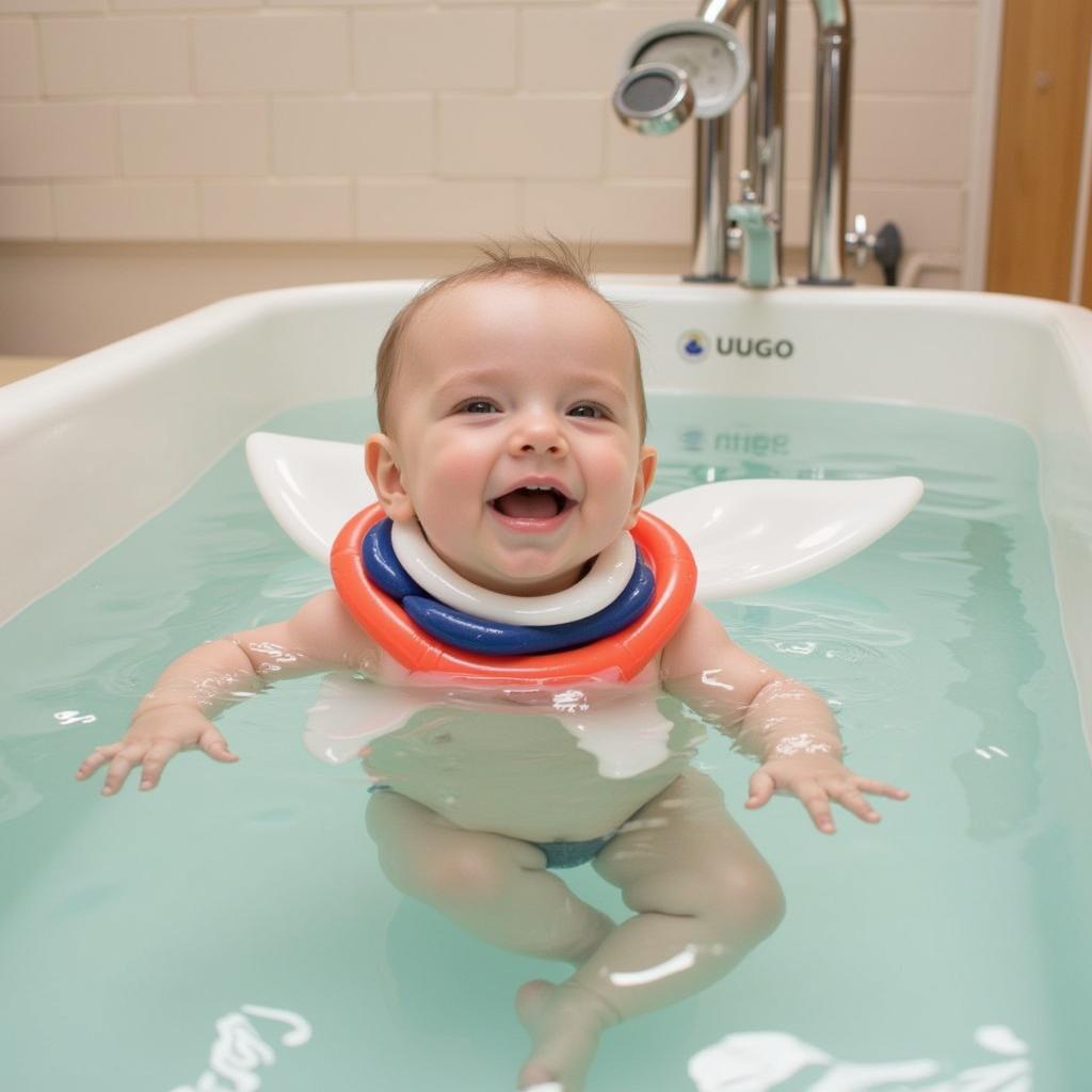 Baby enjoying floatation therapy in a specialized tub at a baby spa in Tcpalayam, Bangalore