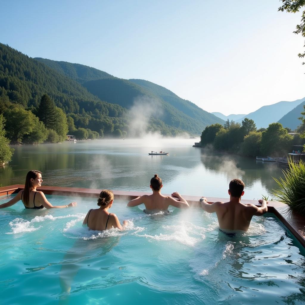 Enjoying Bad Schandau spa's outdoor thermal pool with a view