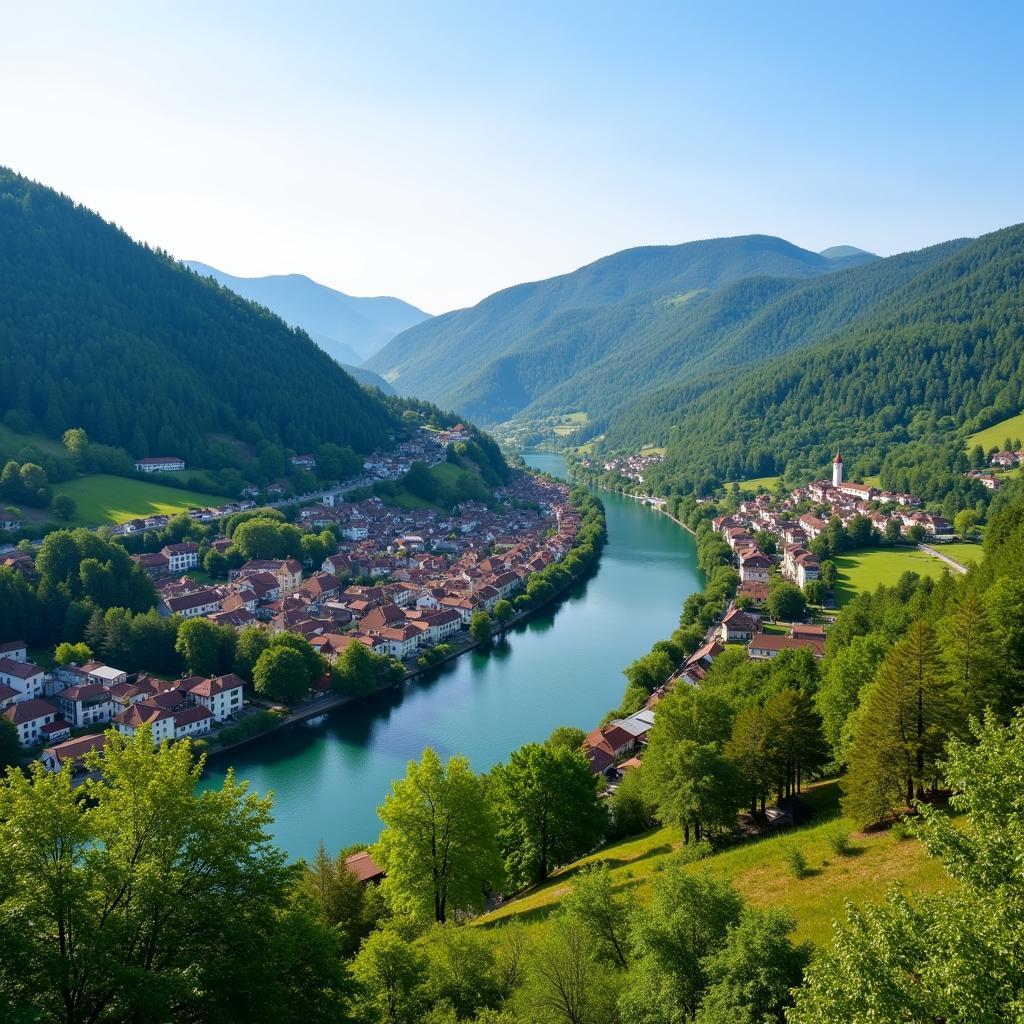 Bad Schandau spa town overview with Elbe river and forested hills