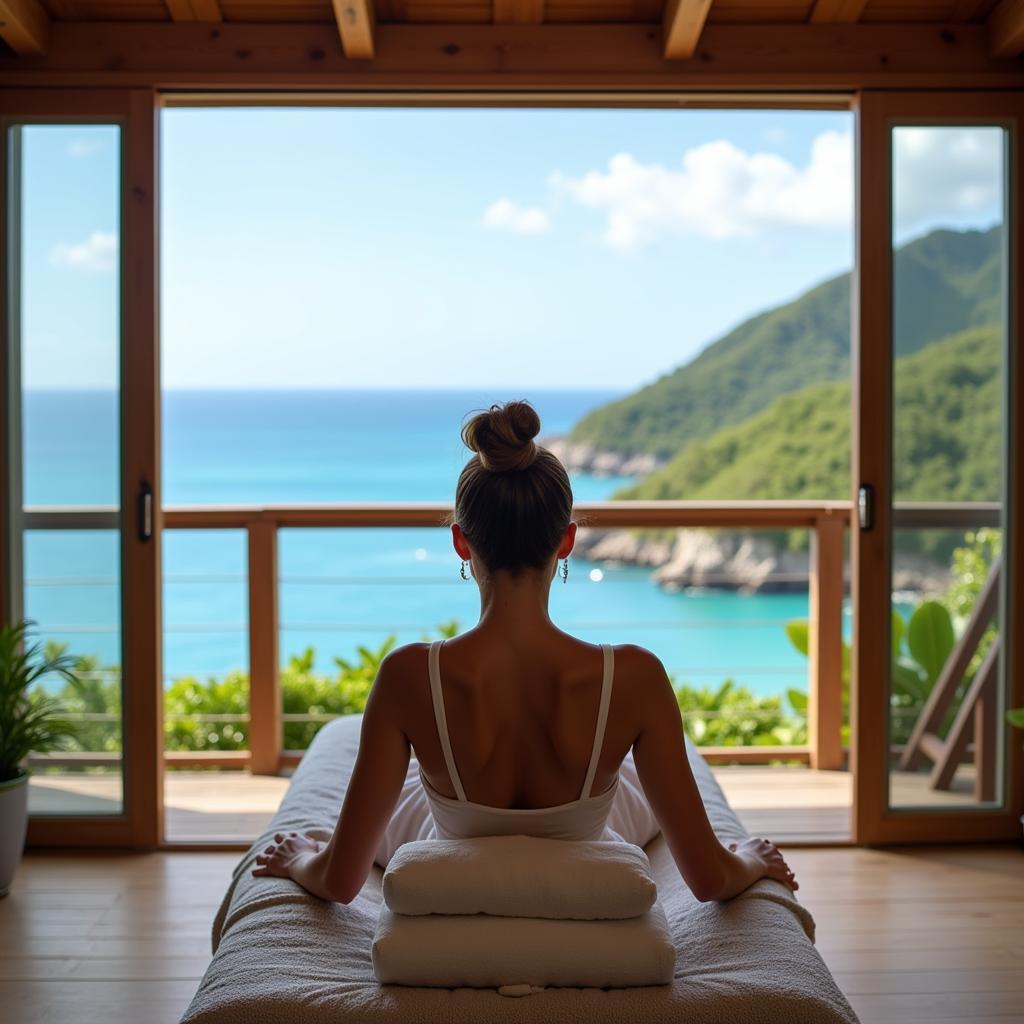 Woman relaxing on a massage table overlooking the ocean at a Bali spa resort.