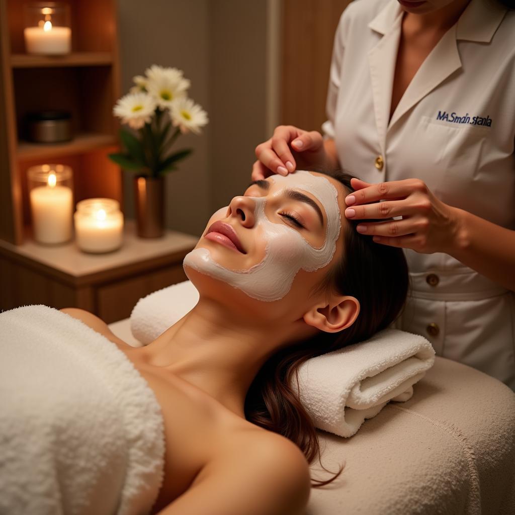 Woman receiving a facial treatment at a blue diamond spa