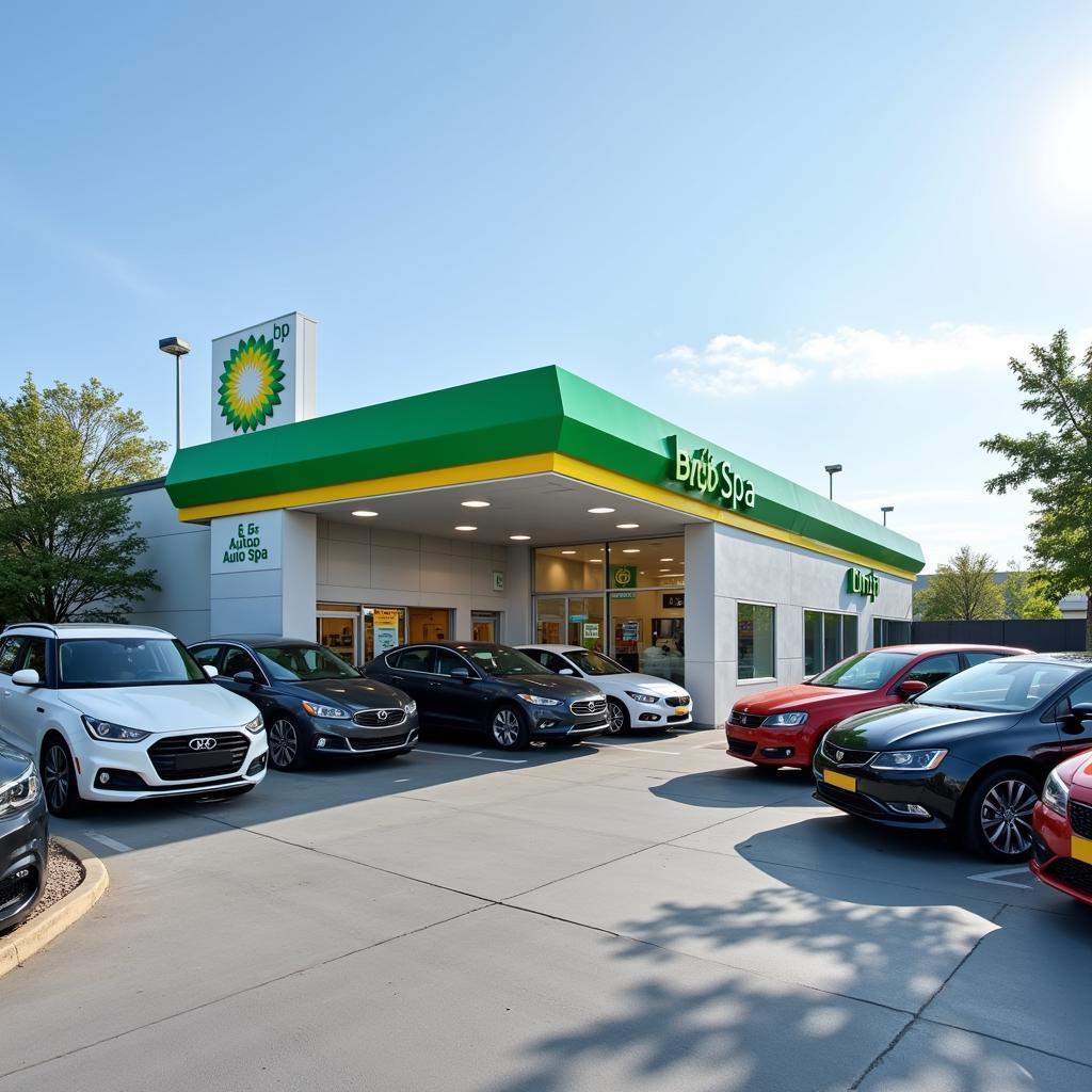 Exterior view of a BP Auto Spa with cars lined up for service.