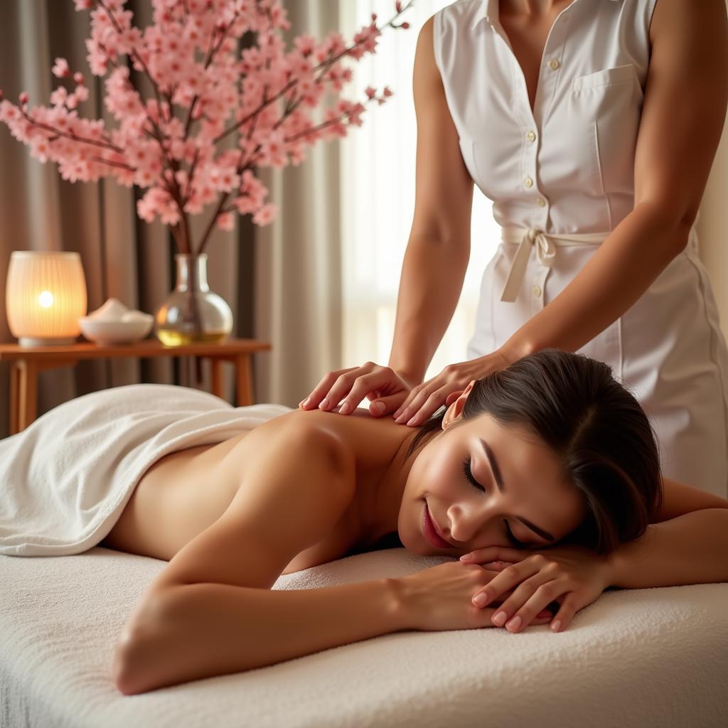 Woman receiving a cherry blossom spa massage