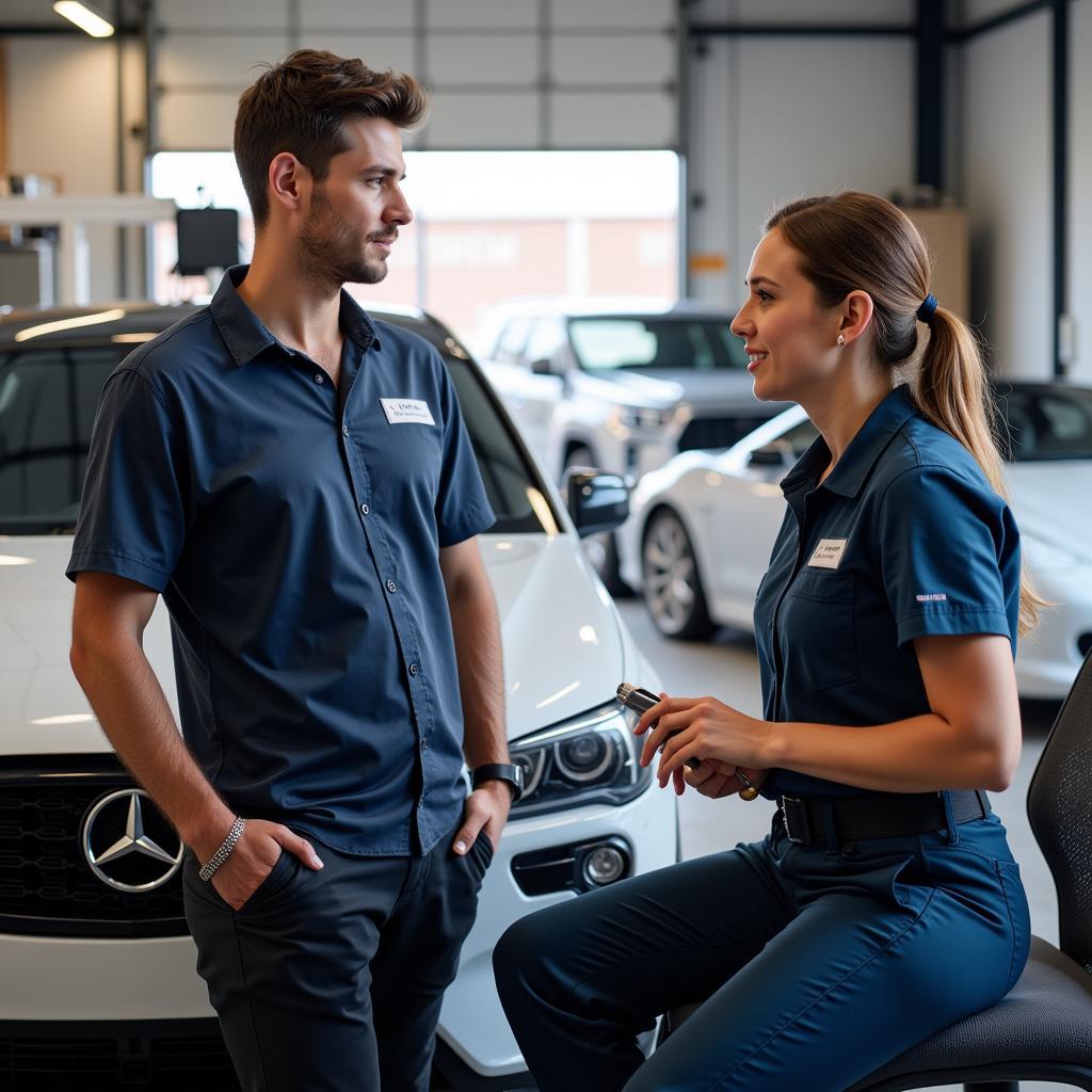 A customer talking to a technician at an automobile day spa