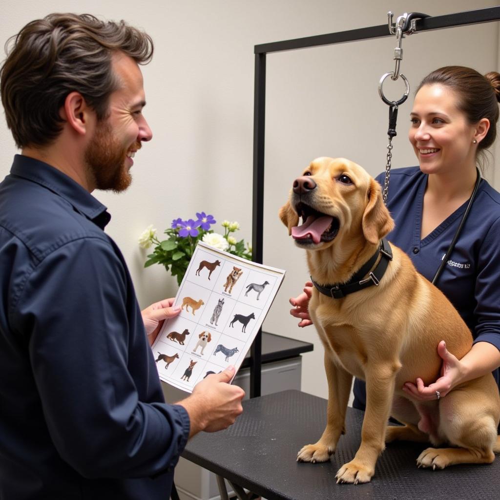 A pet owner talking to a groomer