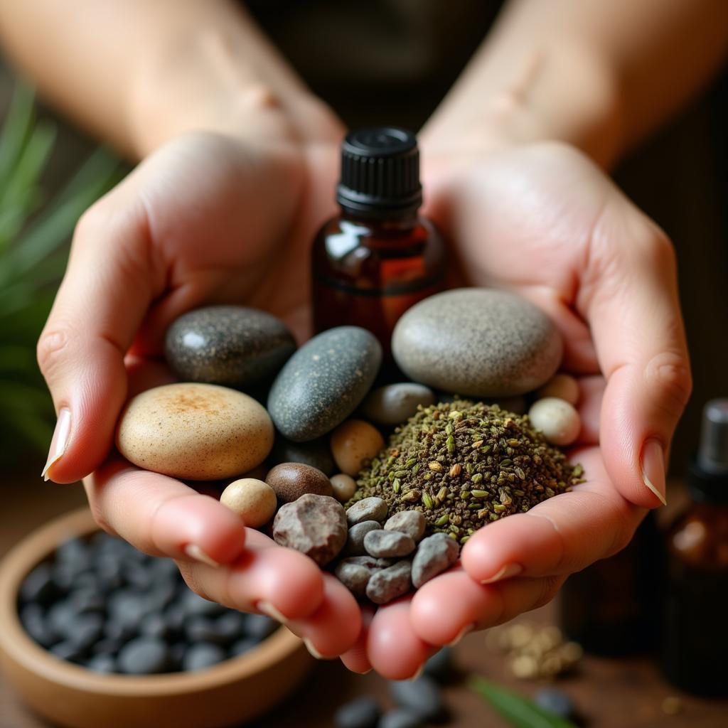 Close-up of hands holding a variety of natural spa products