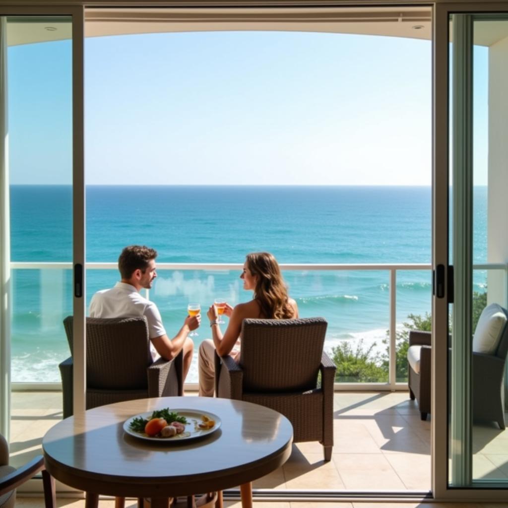 Couple enjoying breathtaking ocean view from their private terrace.