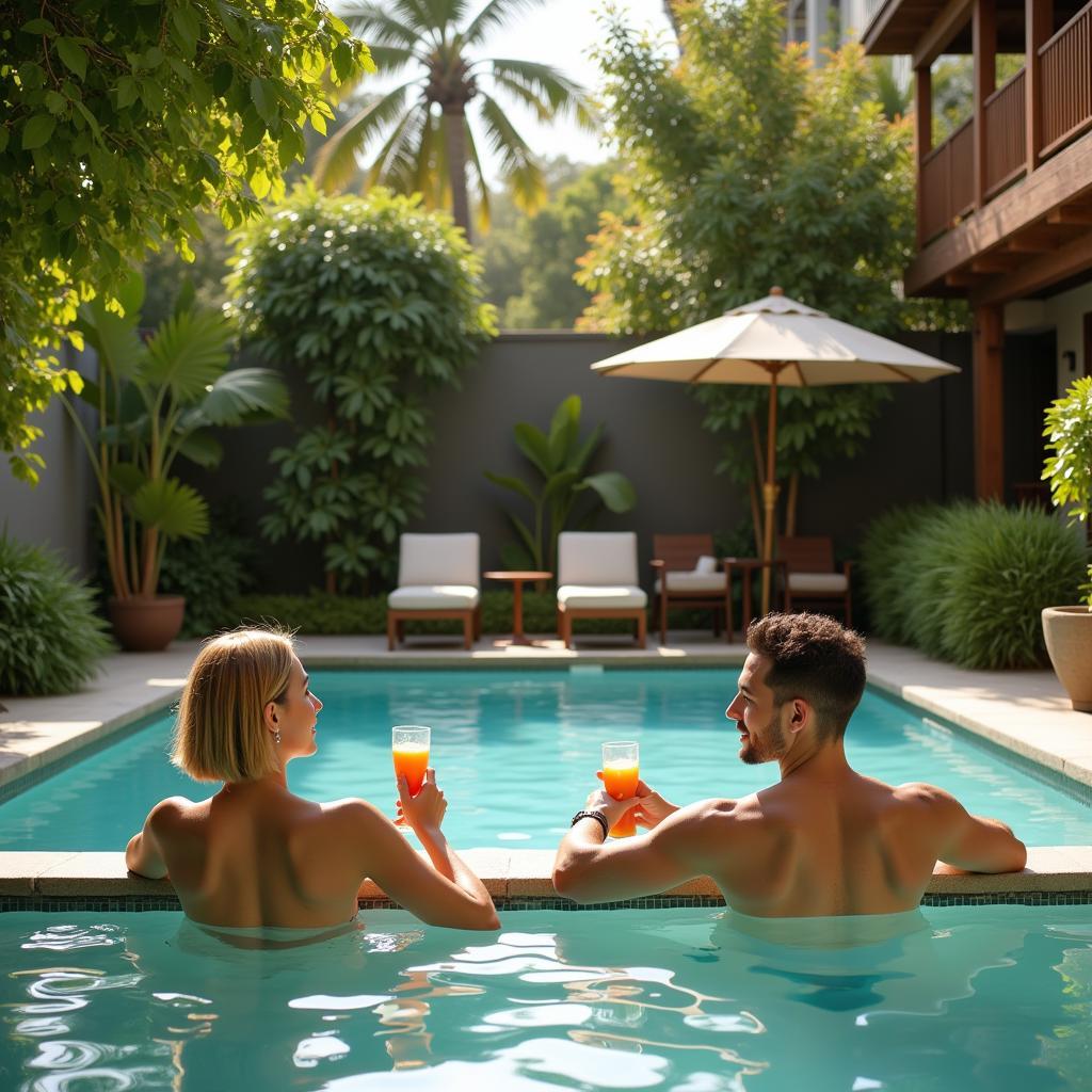 Couple Relaxing by the Pool at a Spa Resort